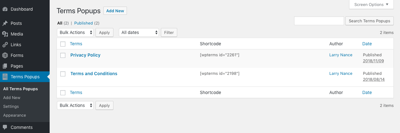 WP Terms Popup Content Creator