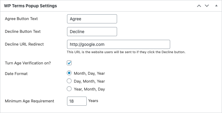 WP Terms Popup Age Verification Meta Box Settings