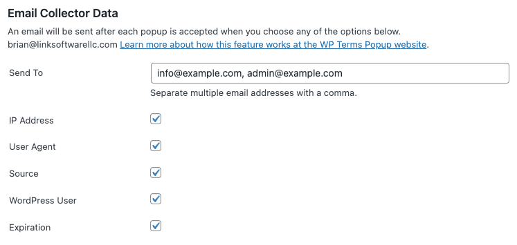 WP Terms Popup Collector Screenshot - Email Collector Data